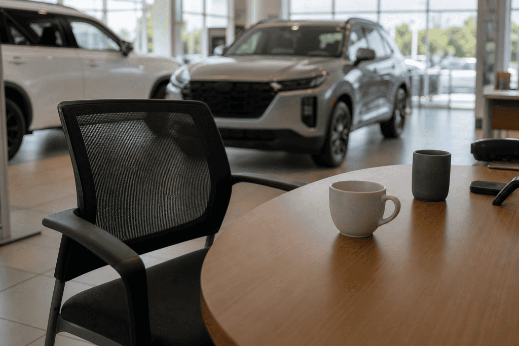 Empty chair at a car dealership sales desk