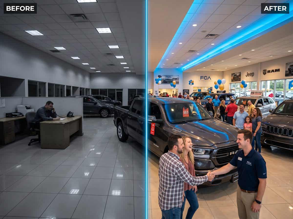 Split screen of a car dealership before and after a Willowood Ventures Facebook Sales Event: empty gray showroom on the left, packed showroom with customers and a sold truck on the right