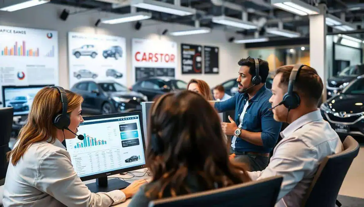 Automotive marketing team collaborating in a car dealership showroom.