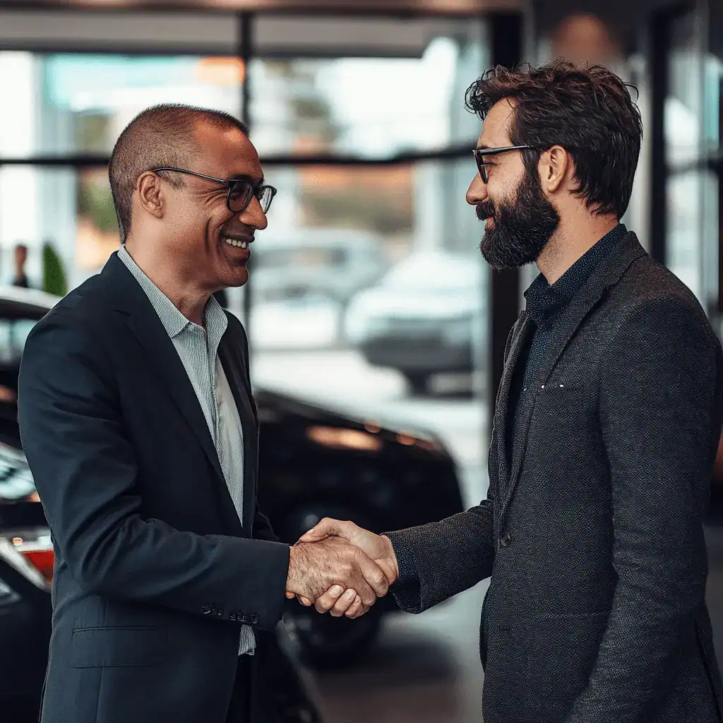 Professional car dealership handshake image.