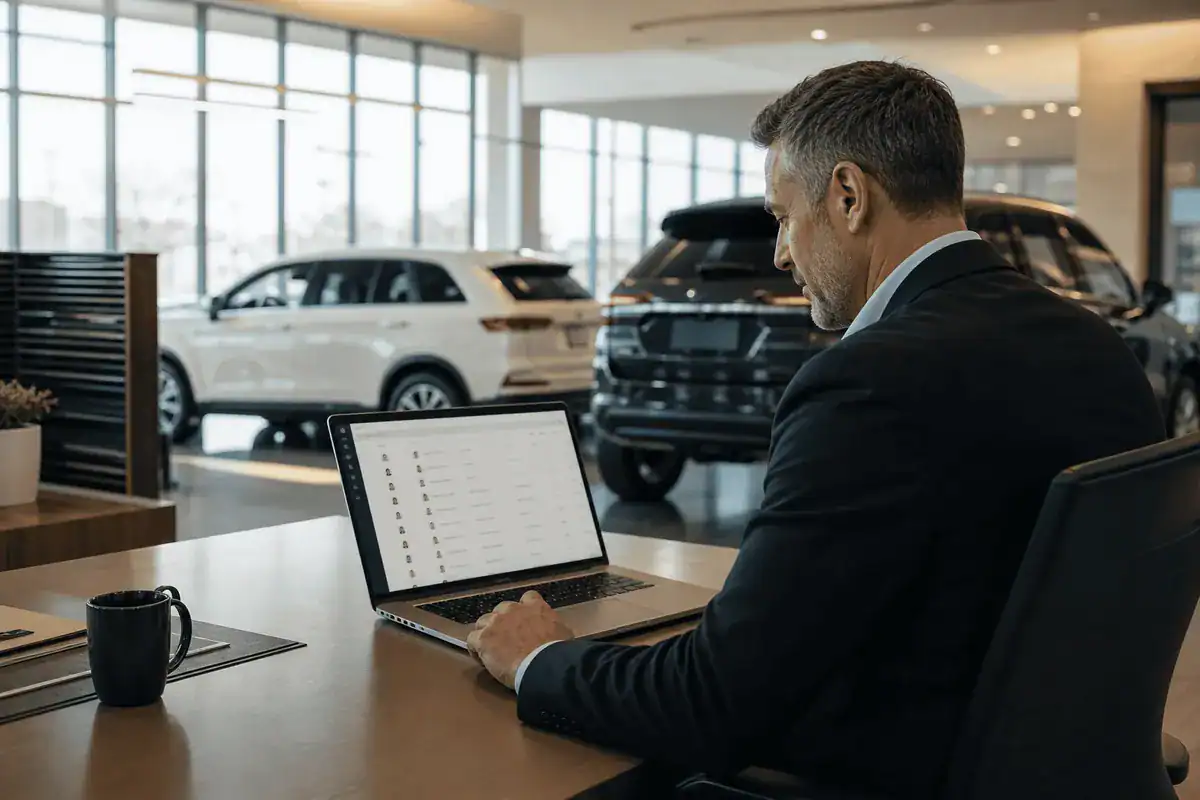 Sales manager reviewing automotive lead management data on laptop in dealership showroom