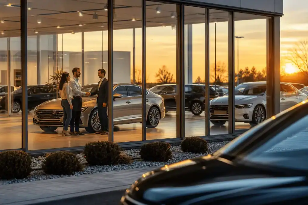 Modern car dealership showroom with salesperson greeting customers near vehicles