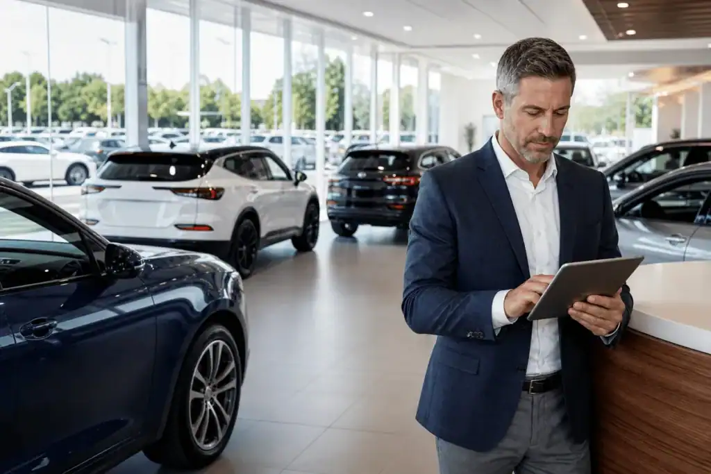 Car dealership showroom floor with manager reviewing customer feedback on tablet