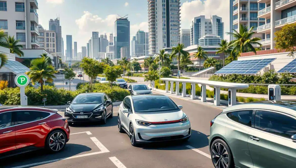 Electric vehicle charging in urban parking lot with modern city skyline in background.