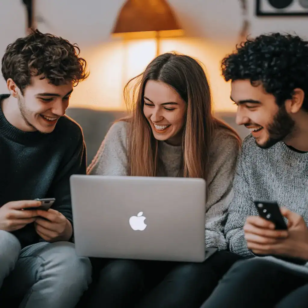 Young people using smartphone and laptop for automotive marketing insights at home.