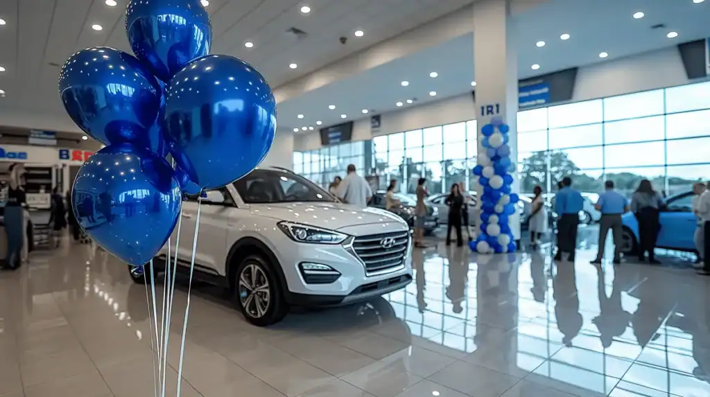 Blue balloons at car dealership opening event.