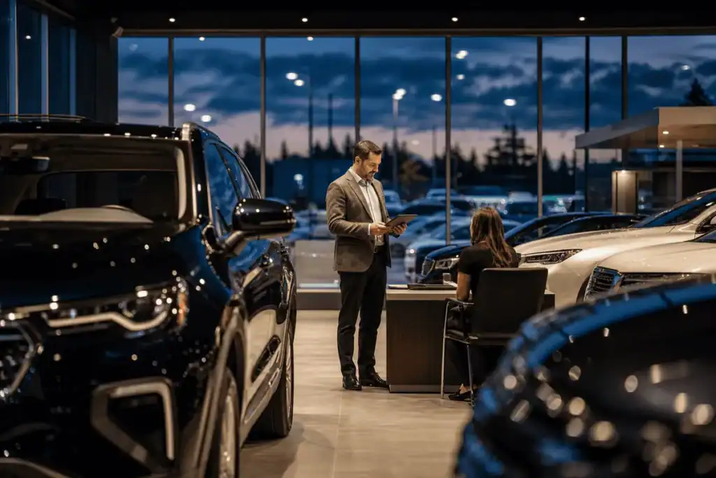 Car dealership showroom with salesperson and customer reviewing vehicle purchase options
