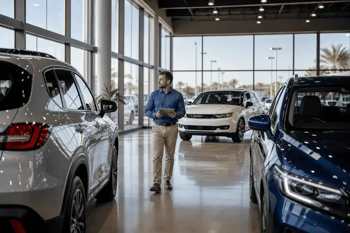 Modern car dealership showroom floor with vehicles on display and salesperson