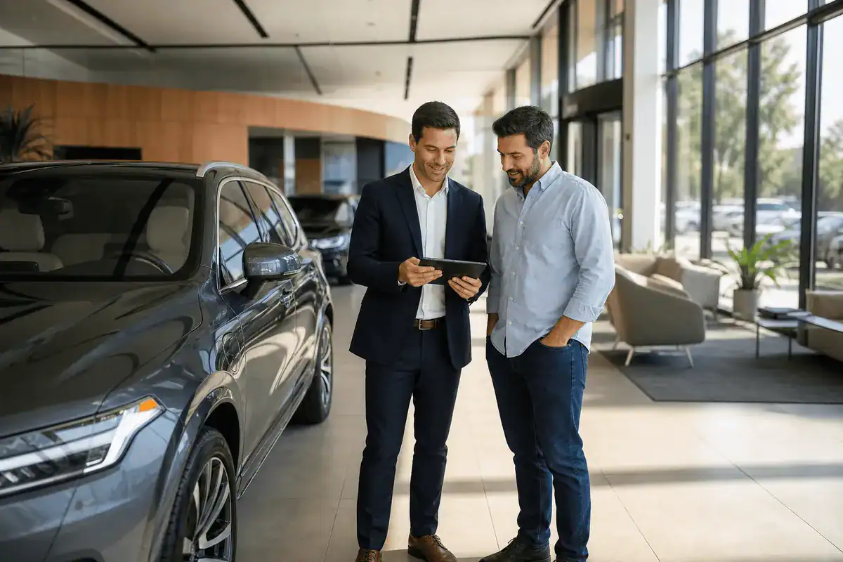 Salesperson and customer reviewing vehicle options on tablet inside modern dealership showroom