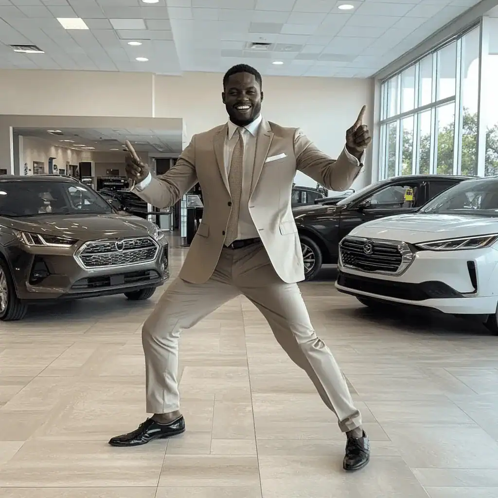 Excited man in a beige suit at car dealership showroom with new vehicles.