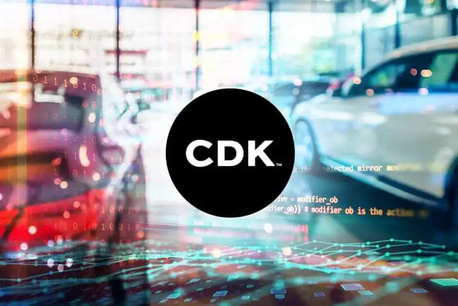 CDK automotive marketing logo on digital car dealership background in showroom or service center.