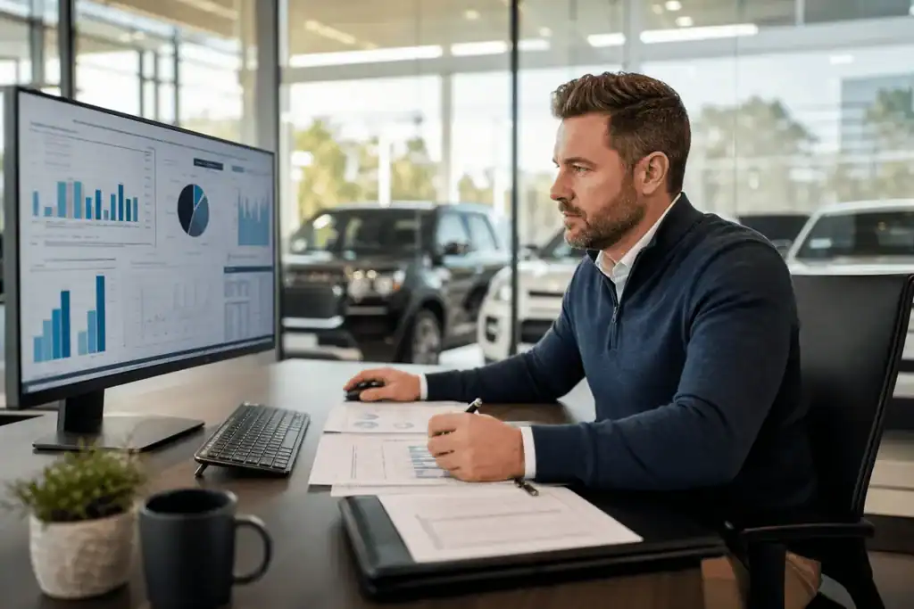 Dealership manager reviewing customer acquisition cost calculation data on monitor
