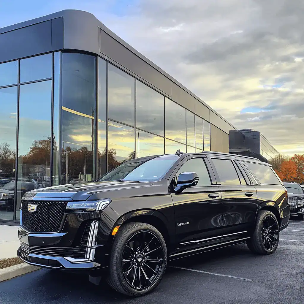 Cadillac Escalade SUV parked outside modern car dealership building.