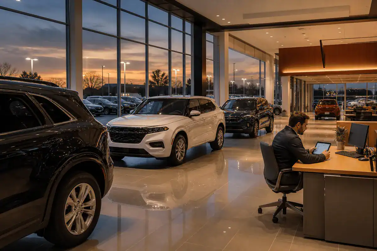 Modern car dealership showroom floor with salesperson reviewing leads on tablet