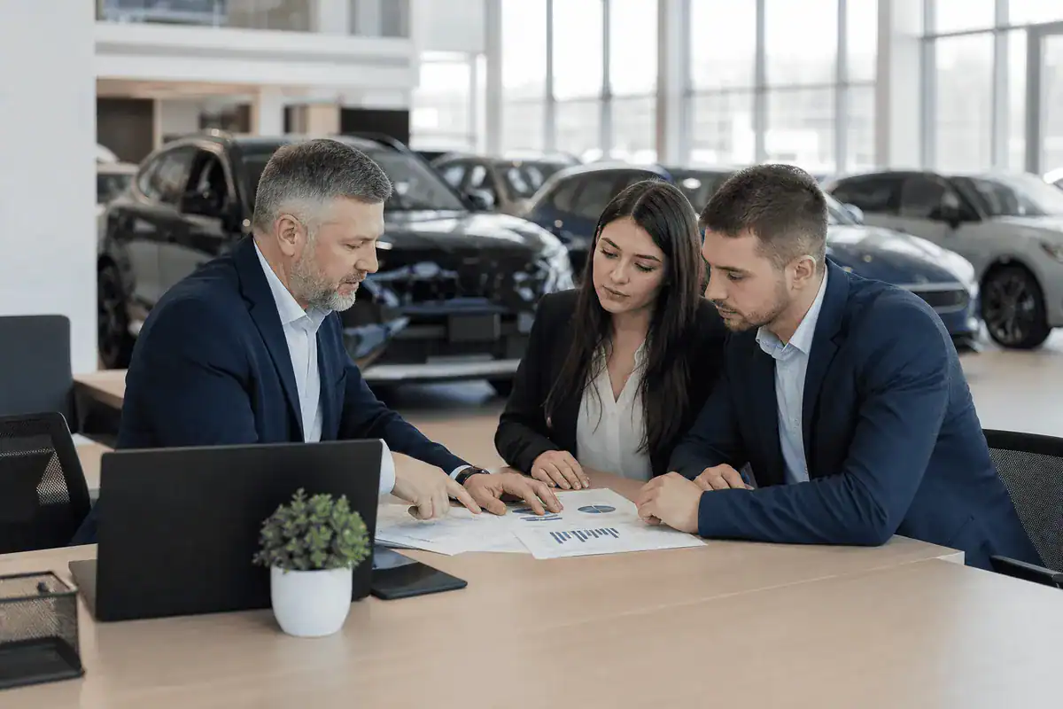 Sales manager coaching two dealership salespeople around a desk reviewing performance reports