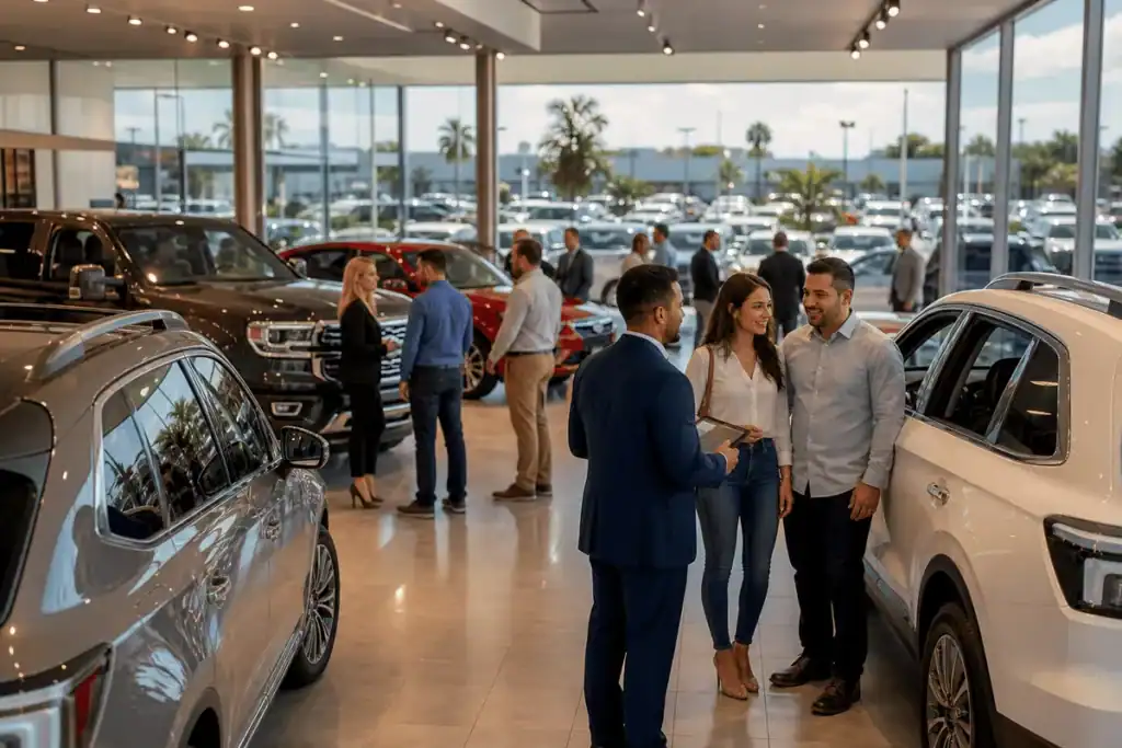 Busy car dealership showroom packed with customers during a weekend sales event