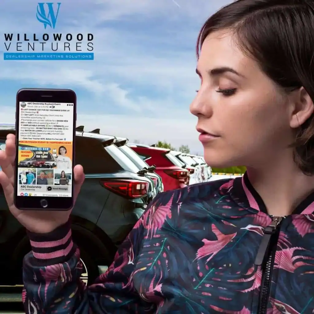 Modern woman holding smartphone showcasing auto dealership digital marketing ad at car lot.