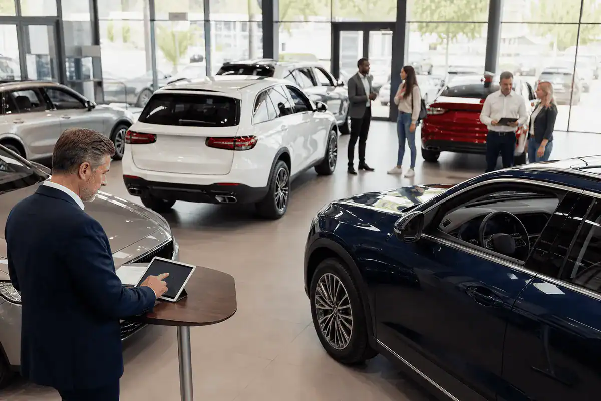 Modern car dealership showroom floor with sales team and new vehicles
