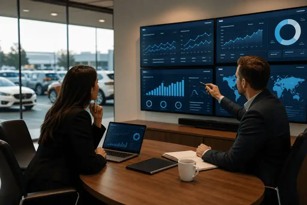 Dealership marketing team reviewing campaign performance metrics on dashboard monitors