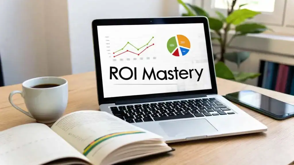 ROI Mastery digital marketing strategy for automotive industry on laptop screen.