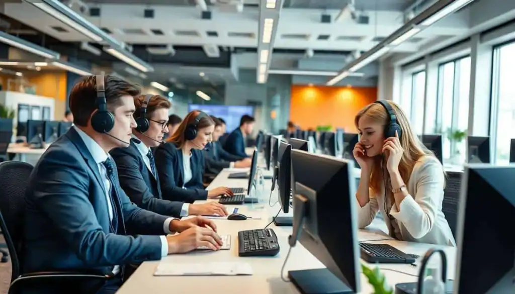 Call center team providing automotive marketing support at modern office.
