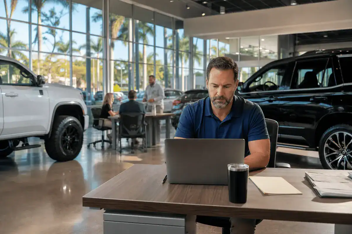 Tampa car dealership sales manager reviewing PPC campaign performance on laptop