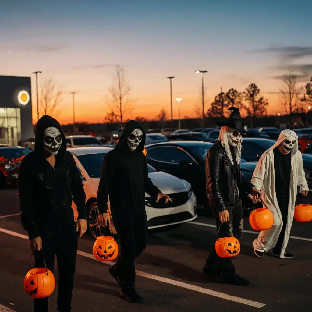 Halloween costume parade with people dressed as skeletons and witches holding pumpkin buckets in a parking lot at sunset.