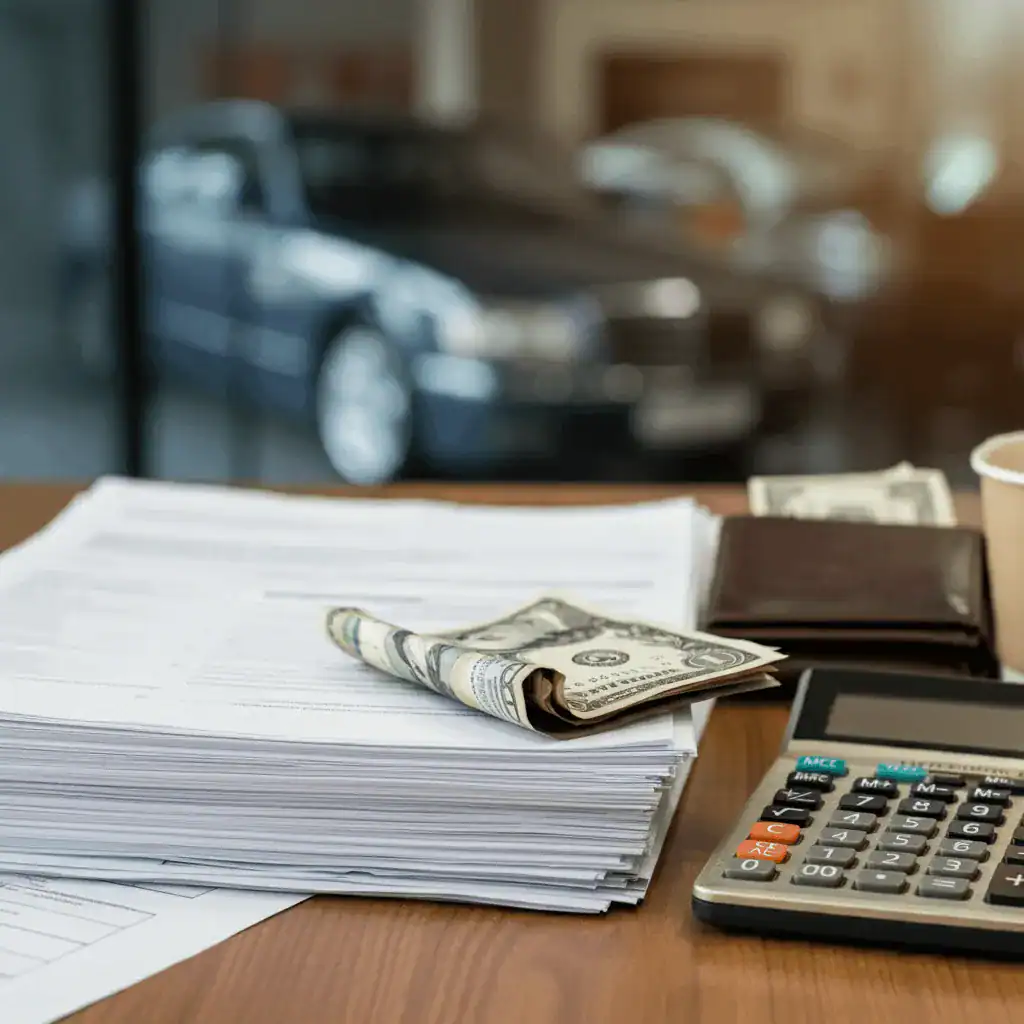 Bank documents with cash and calculator on desk, auto marketing background, business finance imagery, Willowood Ventures automotive marketing.