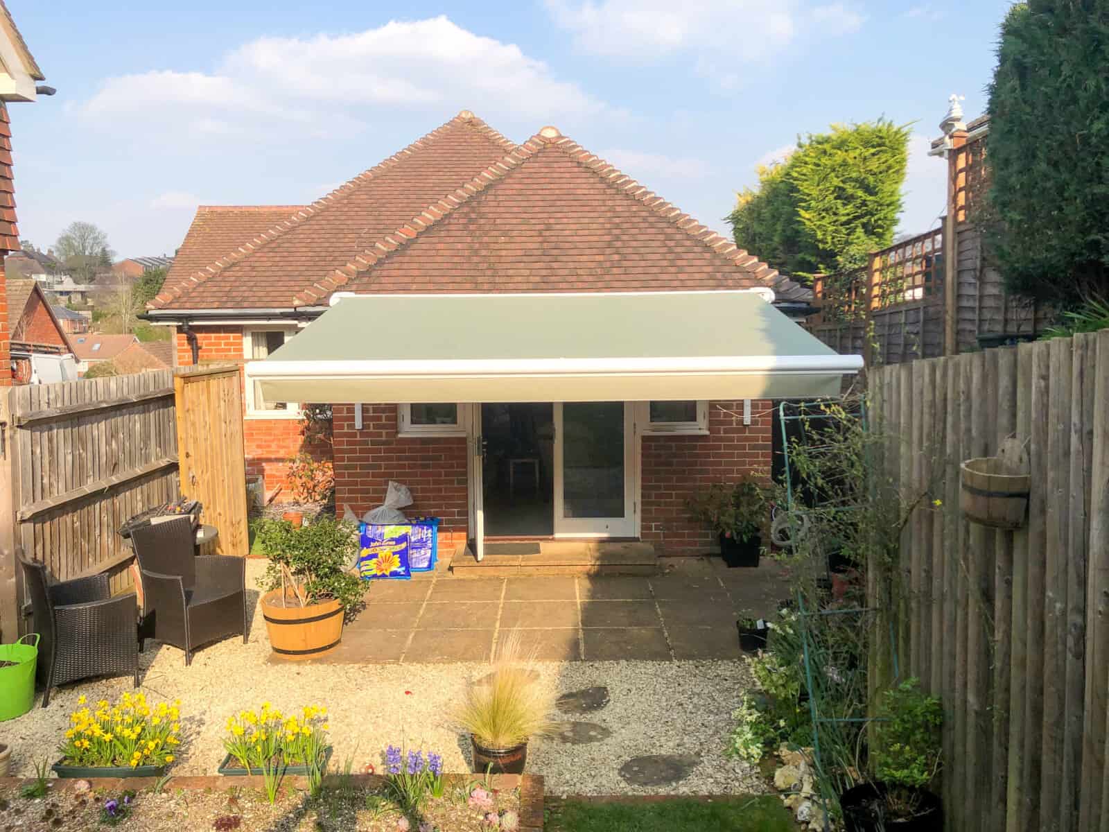 A Somfy motorised Weinor awning fitted to a bungalow in Southampton Hampshire