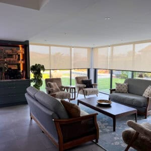 Motorised roller blinds fitted to extension doors to improve comfort and reduce solar heat gain in Bishop's Waltham, Hampshire