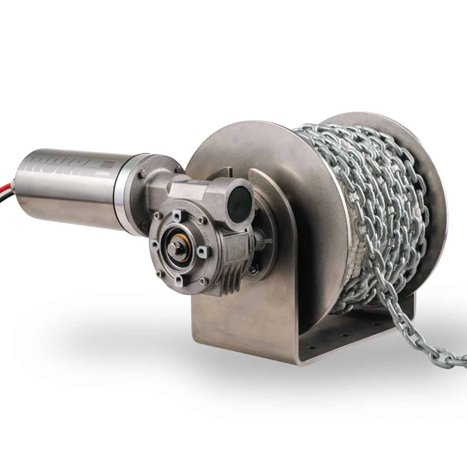 Muir DW 06 drum winch, stainless steel drum on a bracket with side-mounted motor