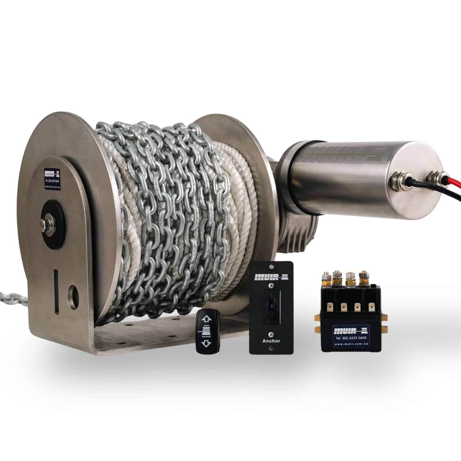 Muir DW 08 standard package on white: the stainless drum wound with rope and chain, plus the deck switch, solenoid and circuit breaker that ship with it