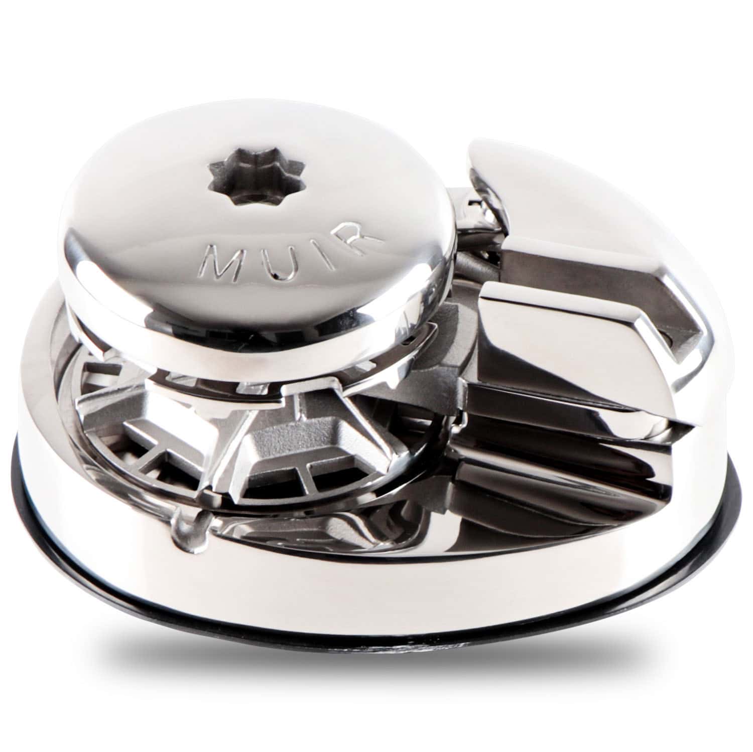 Muir Storm VR600 vertical windlass on white, showing only the polished stainless topworks that sit above deck: the clutch cap, the chain gypsy and the stripper