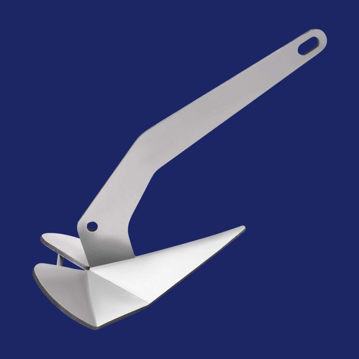 Stainless steel delta anchor for marine use, 5kg to 100kg capacity.
