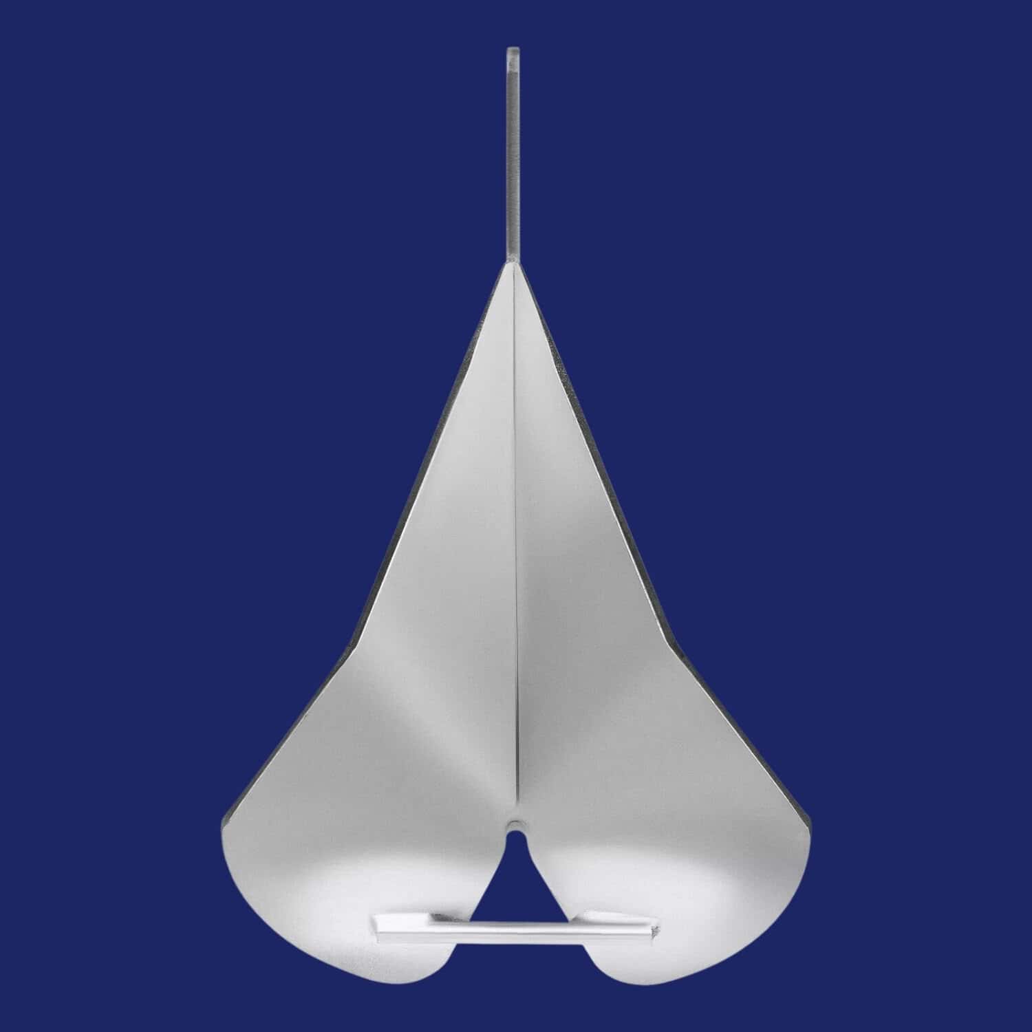 Marine stainless steel anchor with fluke design on a blue background.