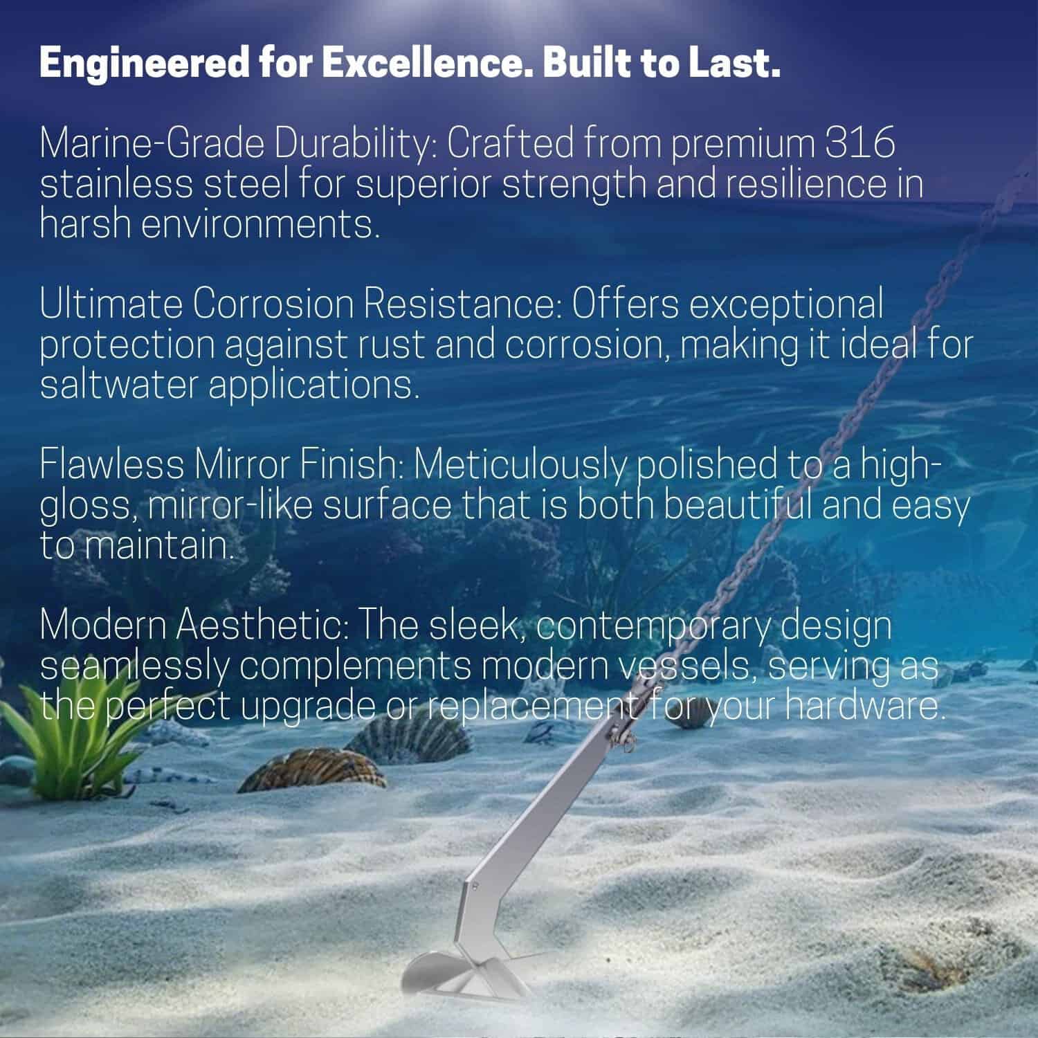 Marine-grade stainless steel anchor with mirror finish for durability and corrosion resistance.