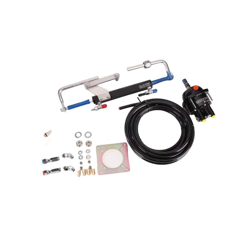 Hydraulic steering kit for boat outboards, includes hoses and fittings.