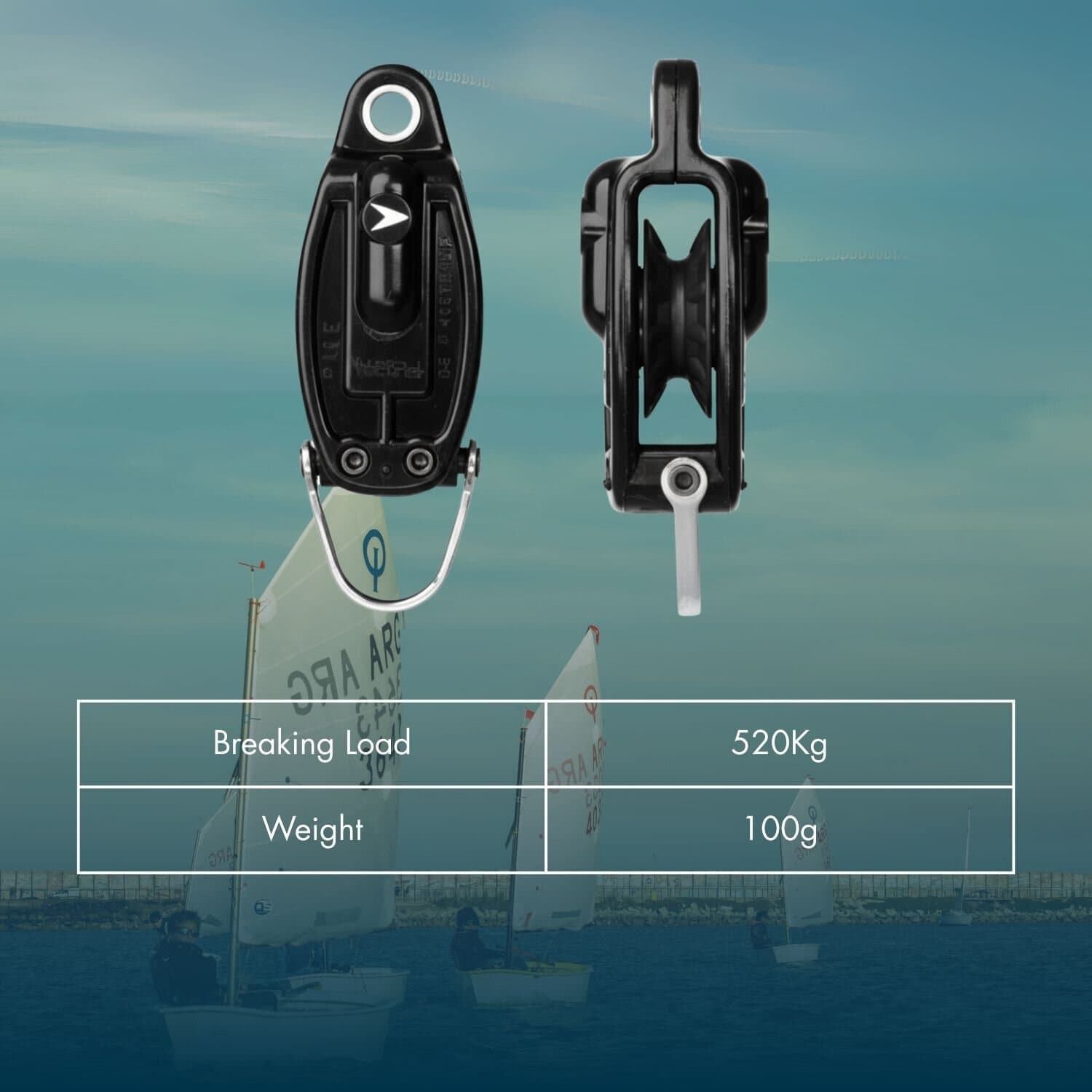 Riley ratchet block with becket, 38mm x 16mm sheave, for sailing and marine applications.