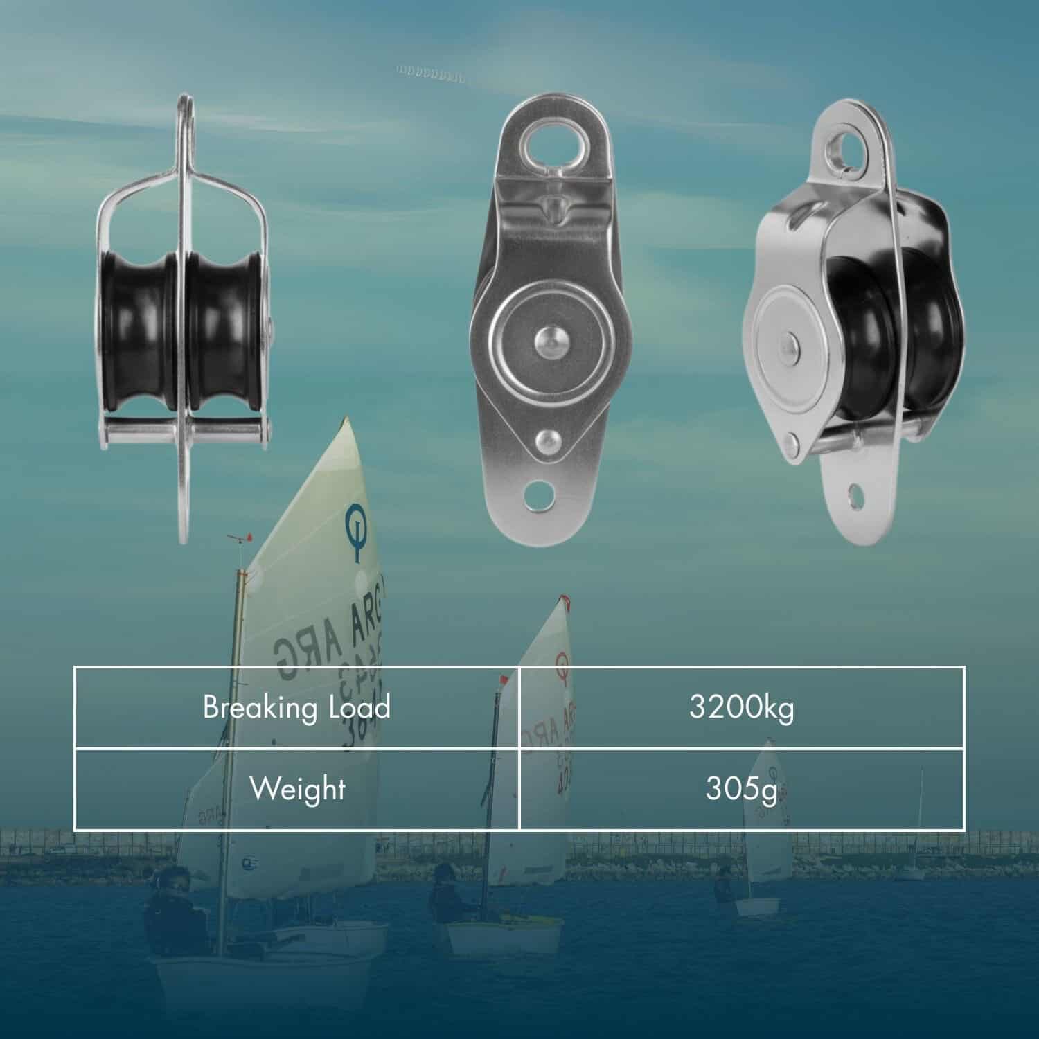 Delrin double sheave block for sailing, 3200kg breaking load, lightweight and durable.