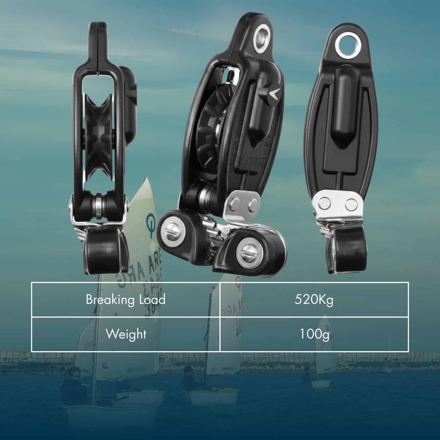 Riley Ratchet Block with Cam Cleat for sailing and marine applications. Compact, lightweight, and hi.