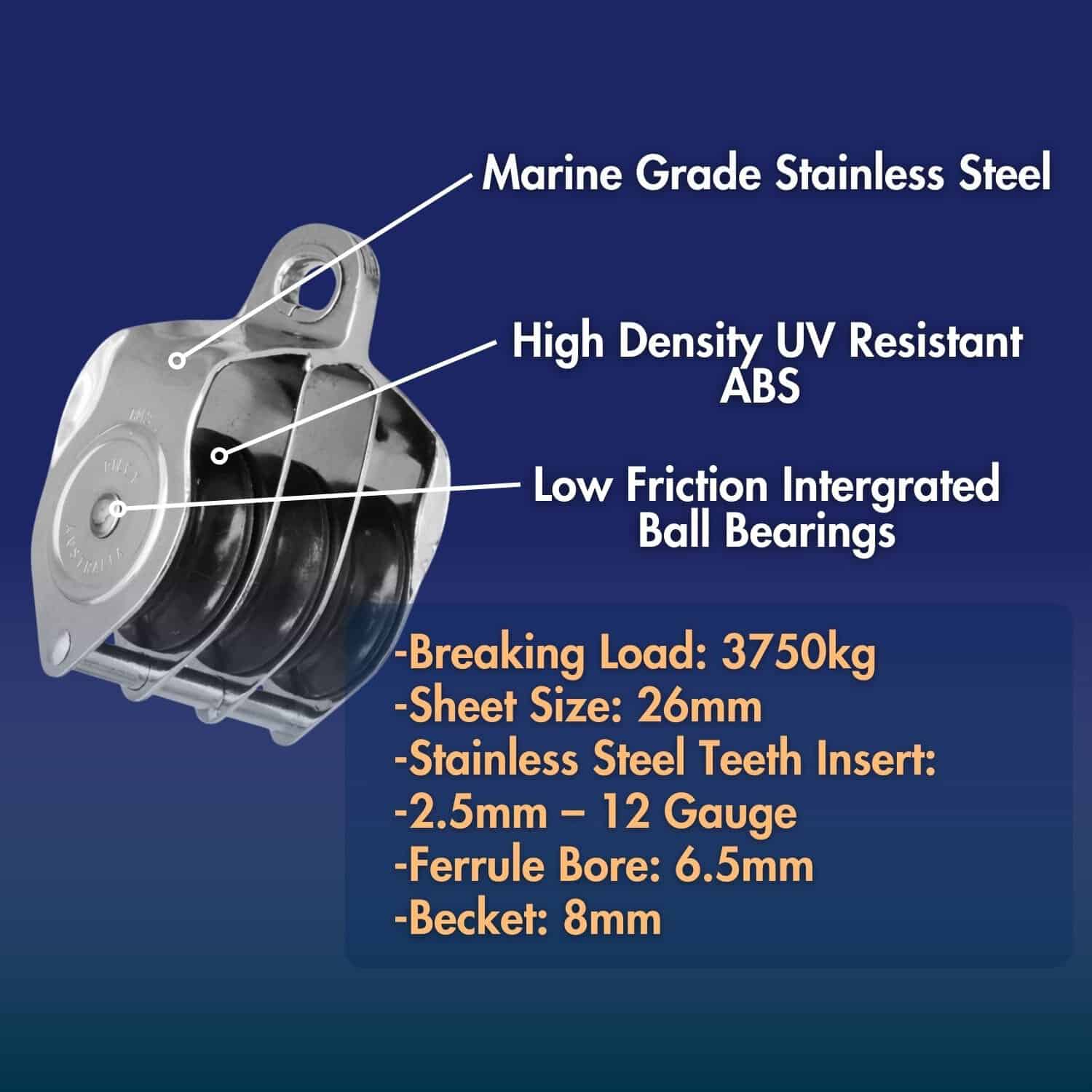 Delrin Sheave with Stainless Steel Components for Marine Use.