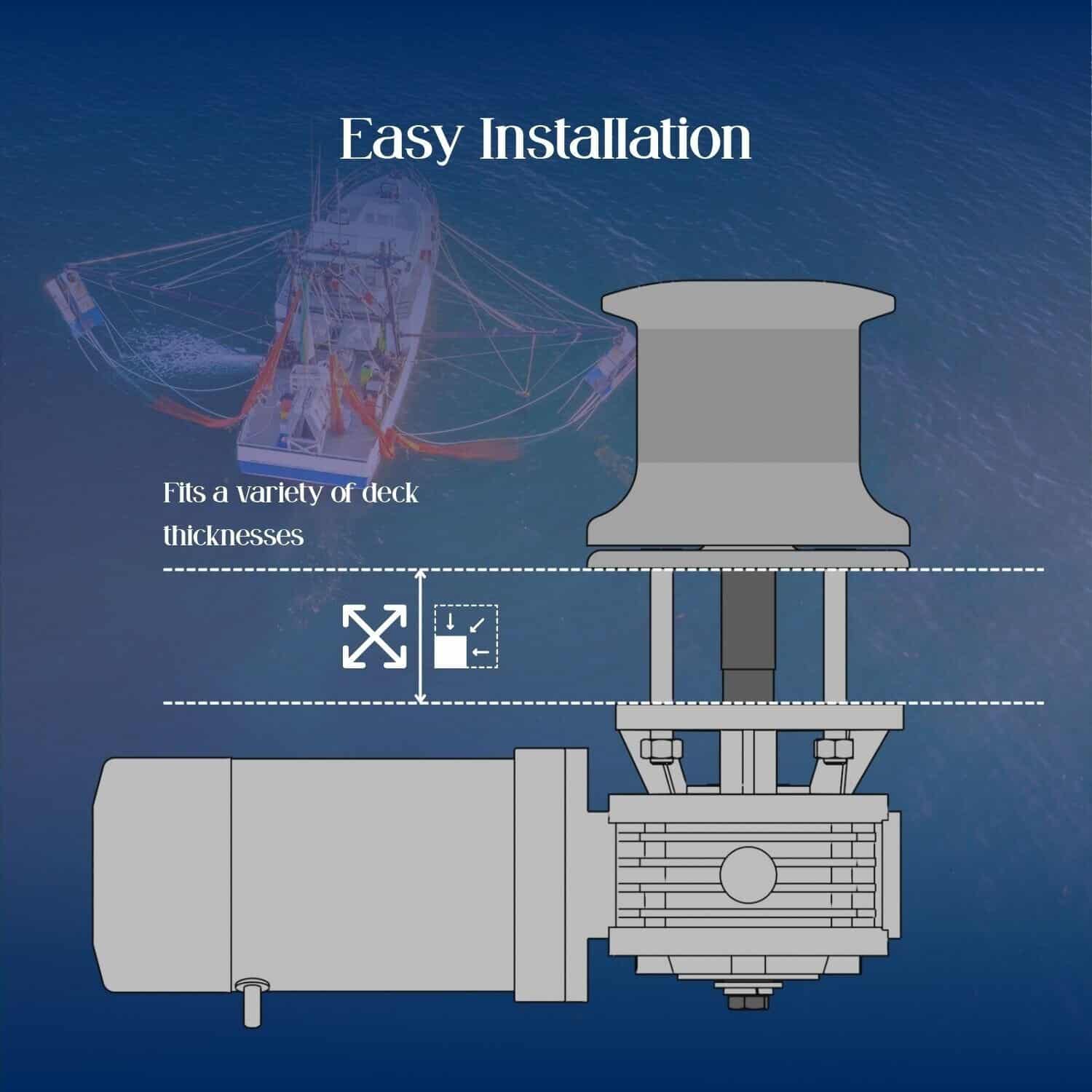 Windlass VC 650 suitable for various deck thicknesses, easy to install.
