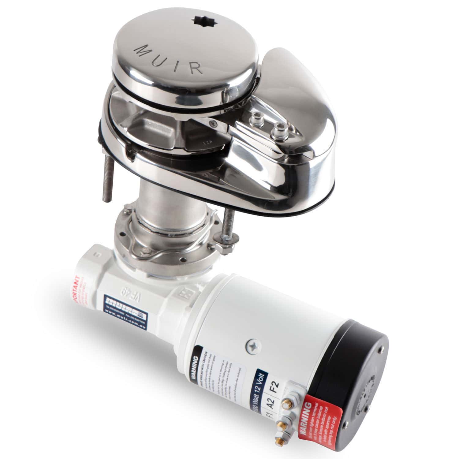 Muir Storm VR1250 vertical windlass on white, the polished stainless topworks above deck with the white motor and gearbox that mount below