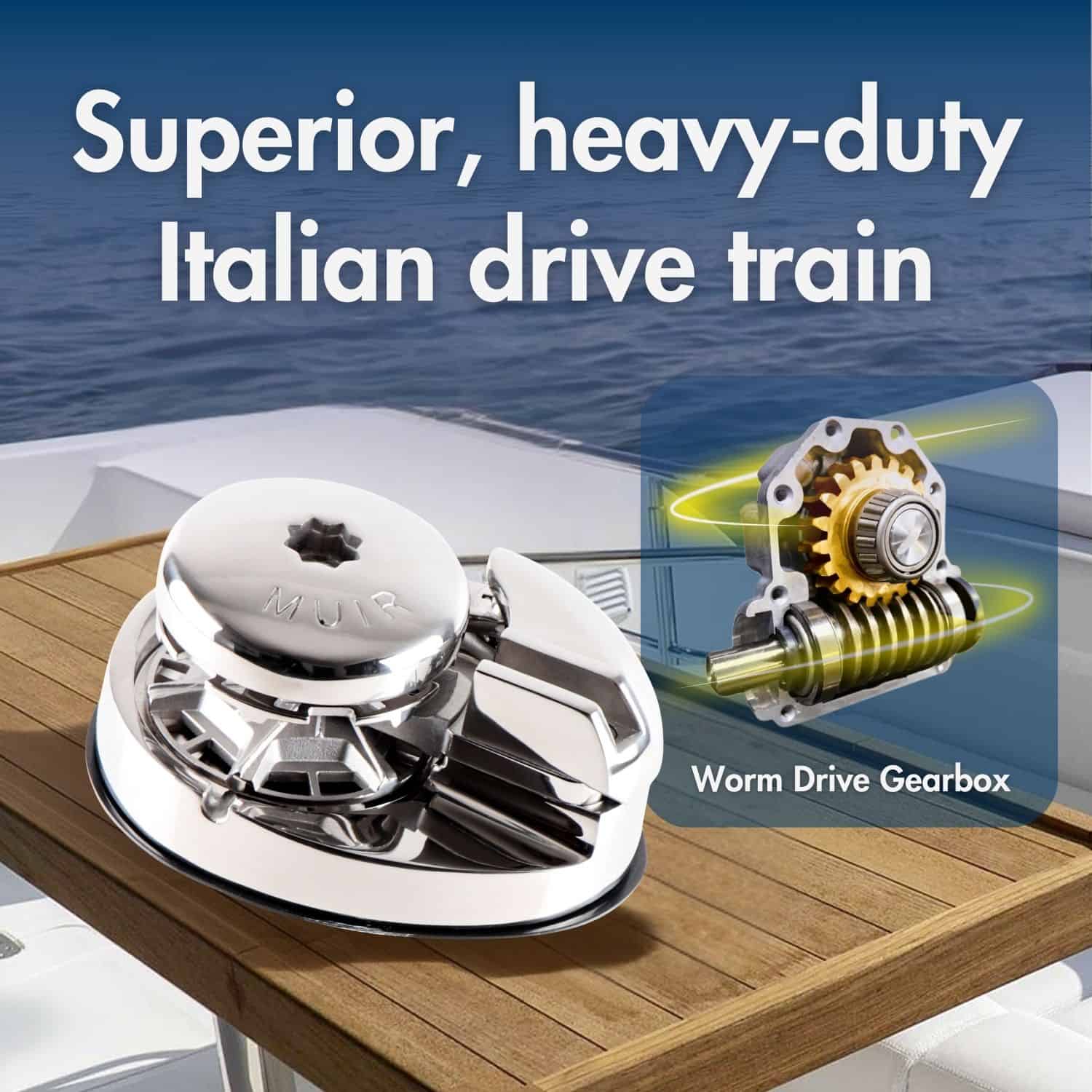 Heavy-duty Italian drive train with worm gearbox for reliable boat anchoring.