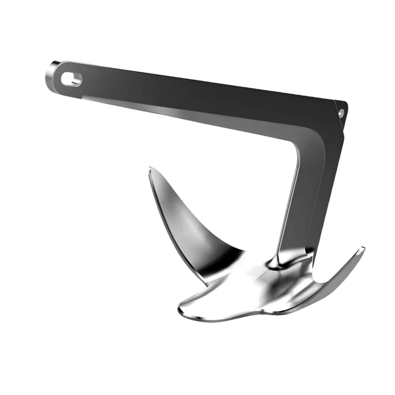 Bruce claw anchor in 316 stainless steel, mirror polished, photographed on a white background