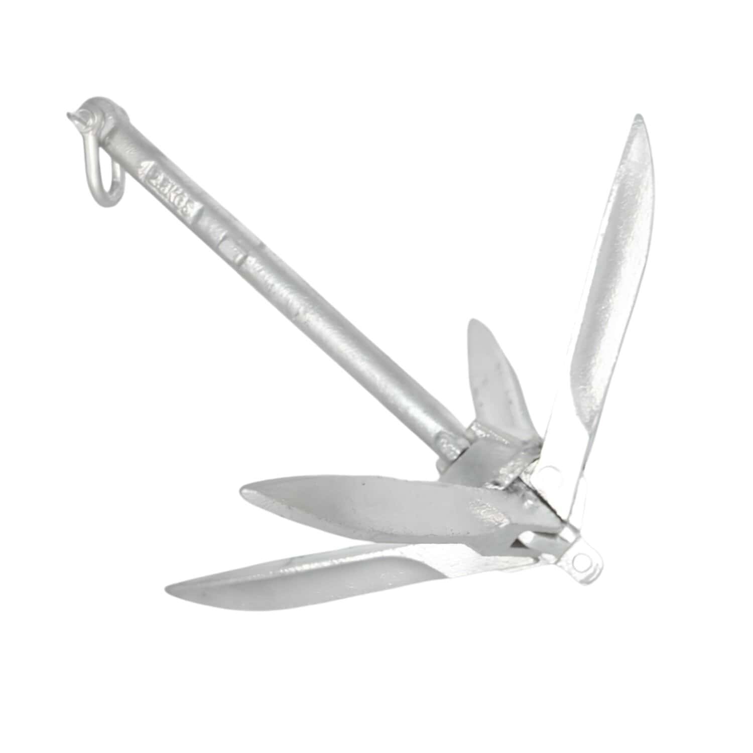 Folding grapnel anchor in hot dip galvanised steel with arms open, photographed on a white background