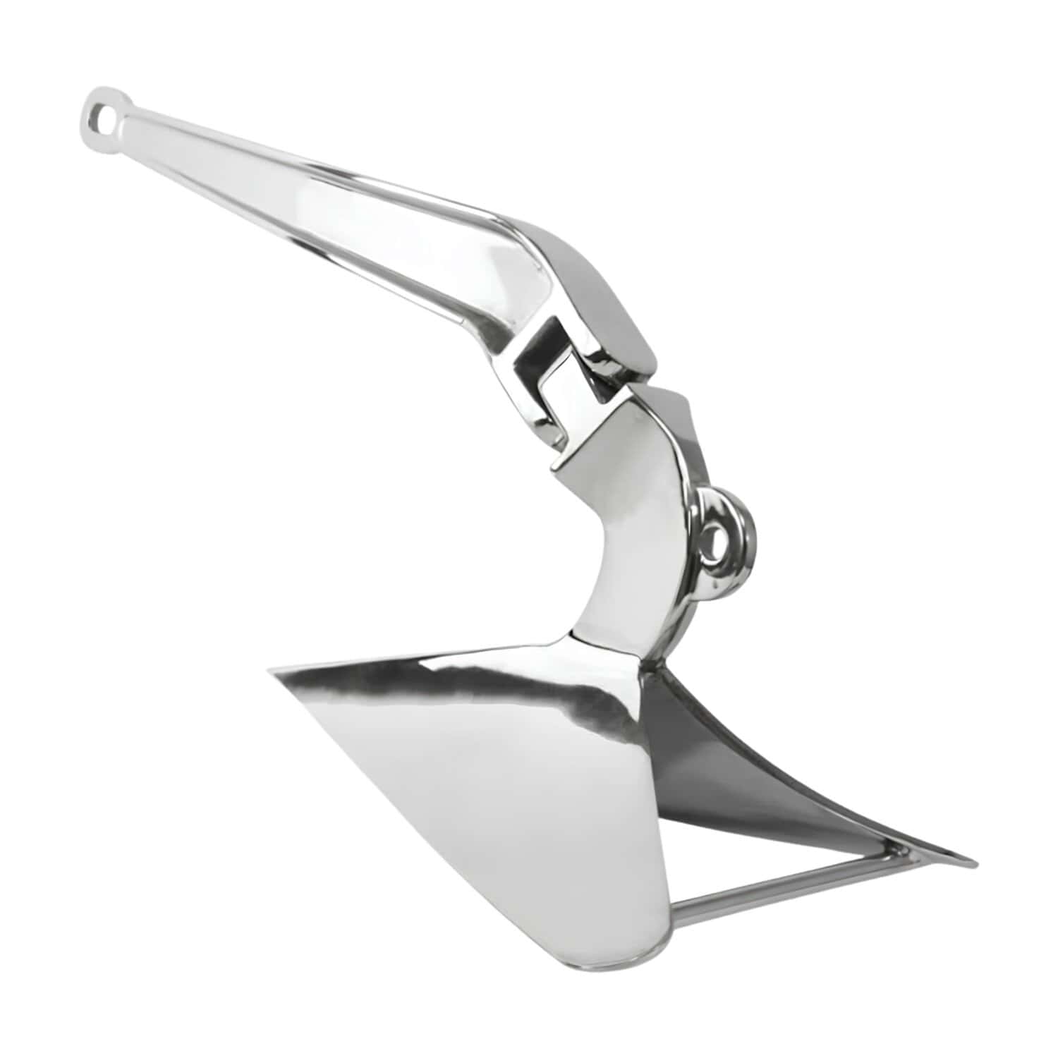 Plough anchor in 316 stainless steel, polished, photographed on a white background