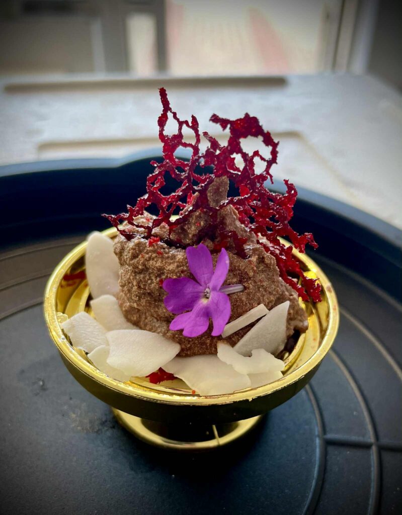 Delikatne desery z luksusowymi dekoracjami, czekoladowe praliny z kwiatkami i wiórkami kokosowymi, eleganckie prezentacje słodyczy, idealne na wyjątkowe okazje, słodkości od Wittlab, kreatywna aranżacja deserów, wysokiej jakości słodycze, artystyczne cukiernictwo, unikalne kompozycje smakowe, wyrafinowane dekoracje cukiernicze.