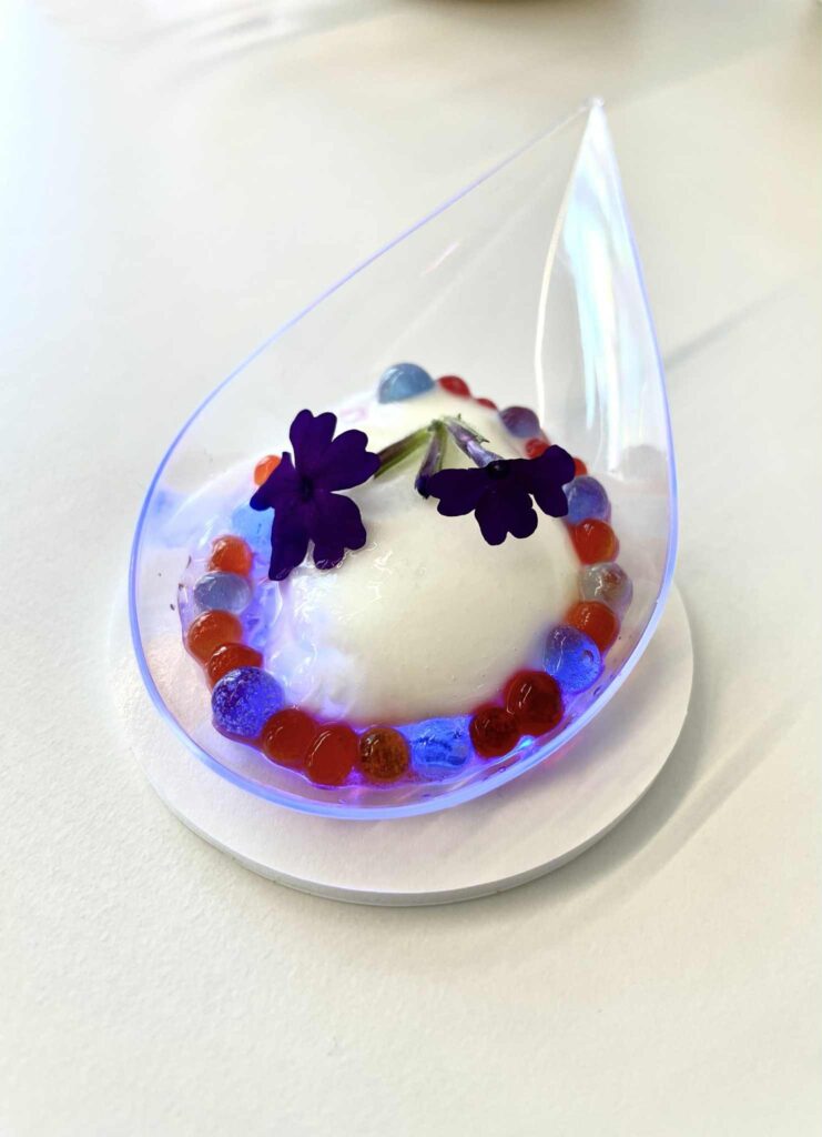 Delikatne, eleganckie danie deserowe z kwiatami, białym musem i kolorowymi kulkami, podane w nowoczesnej, przejrzystej formie, idealne na wysokiej klasy eventy i wydarzenia gastronomiczne.