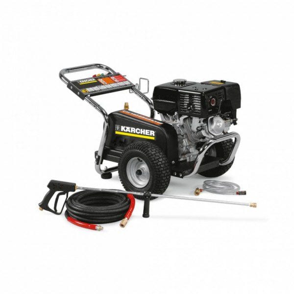 Power cleaning equipment with a high-pressure washer and cart for efficient cleaning.